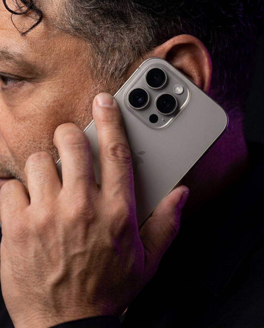 Gros plan d'un appel téléphonique : une main tient un iPhone contre l'oreille